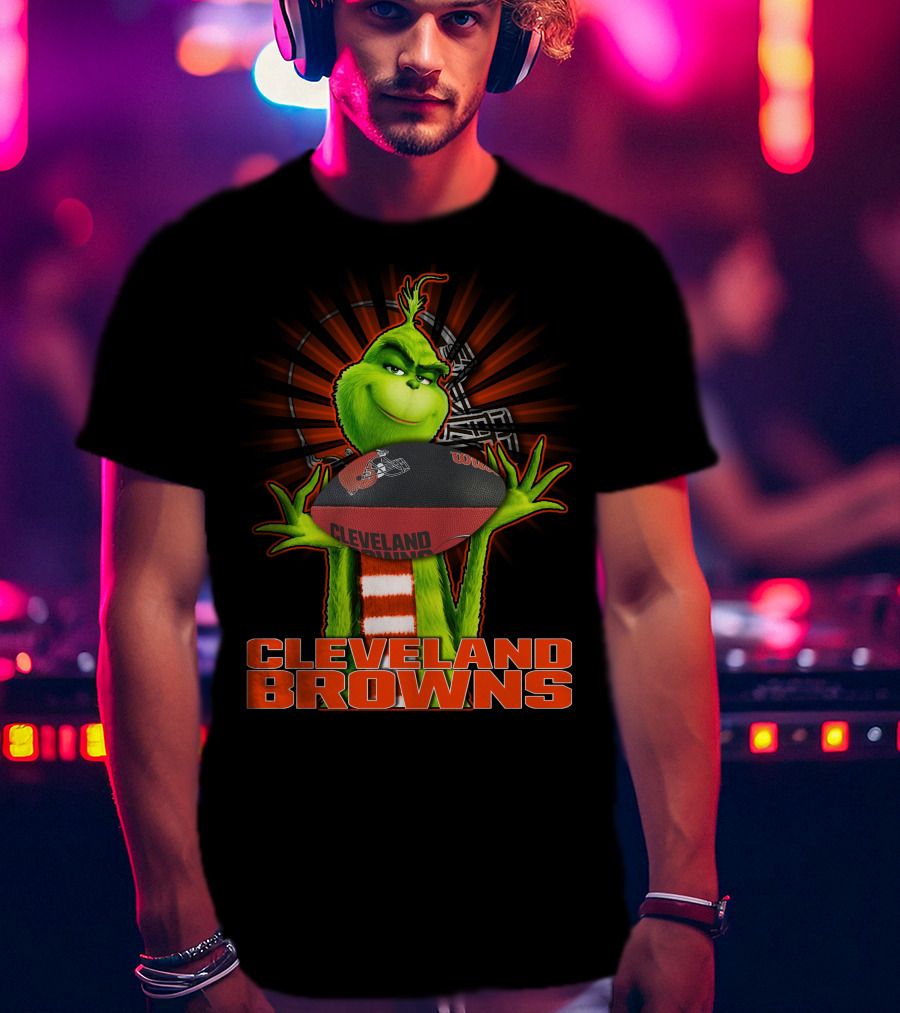 Grinch Holding Cleveland Browns Football Emblem T-Shirt
