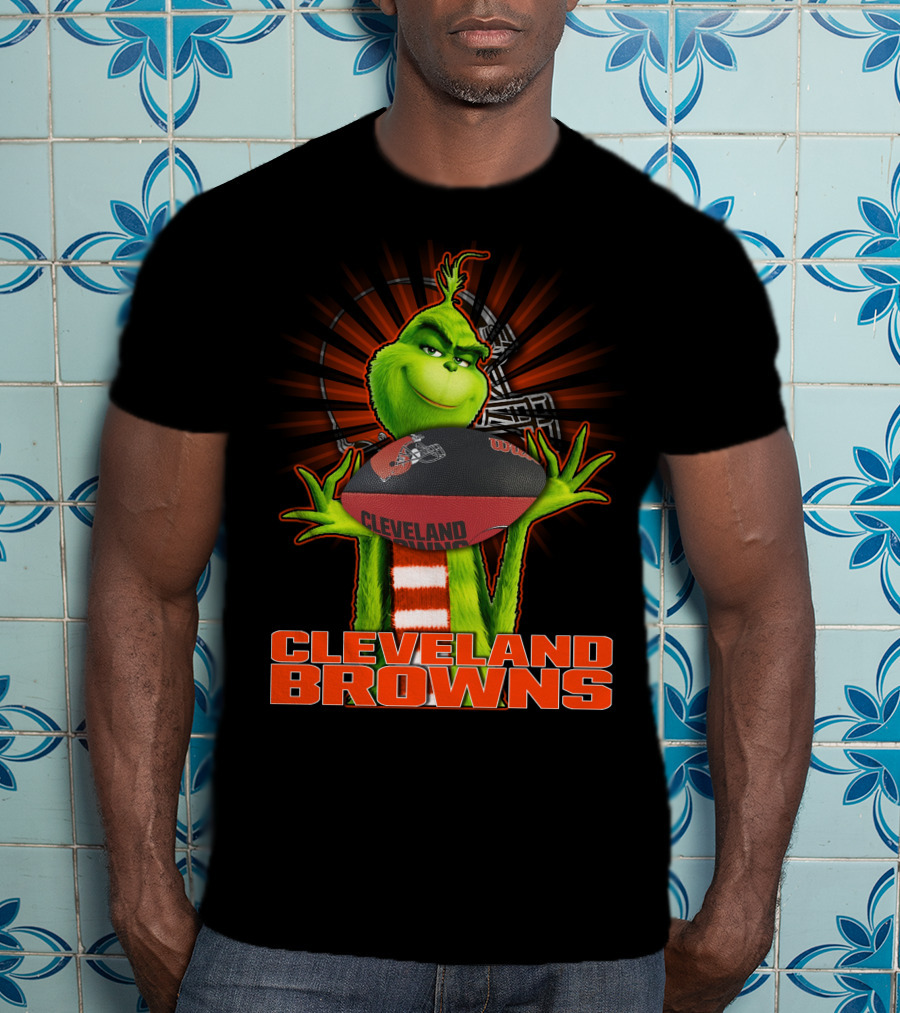 Grinch Holding Cleveland Browns Football Emblem T-Shirt