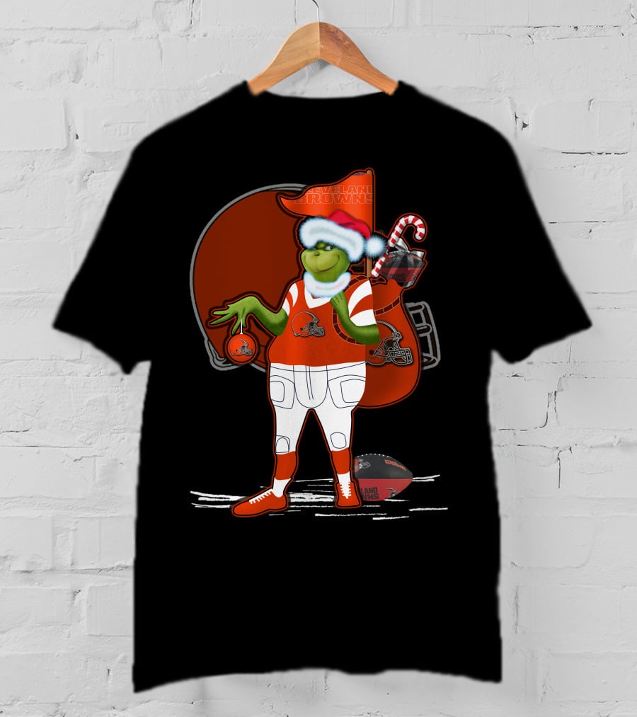 Grinchxmas Cleveland Browns Festive Football Santa With Helmet And Candy Cane T-Shirt
