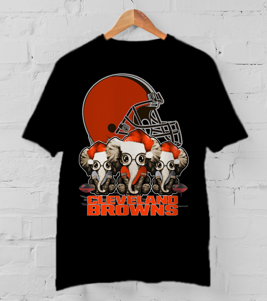 Cleveland Browns Christmas Elephants In Santa Hats Football Helmet T-Shirt