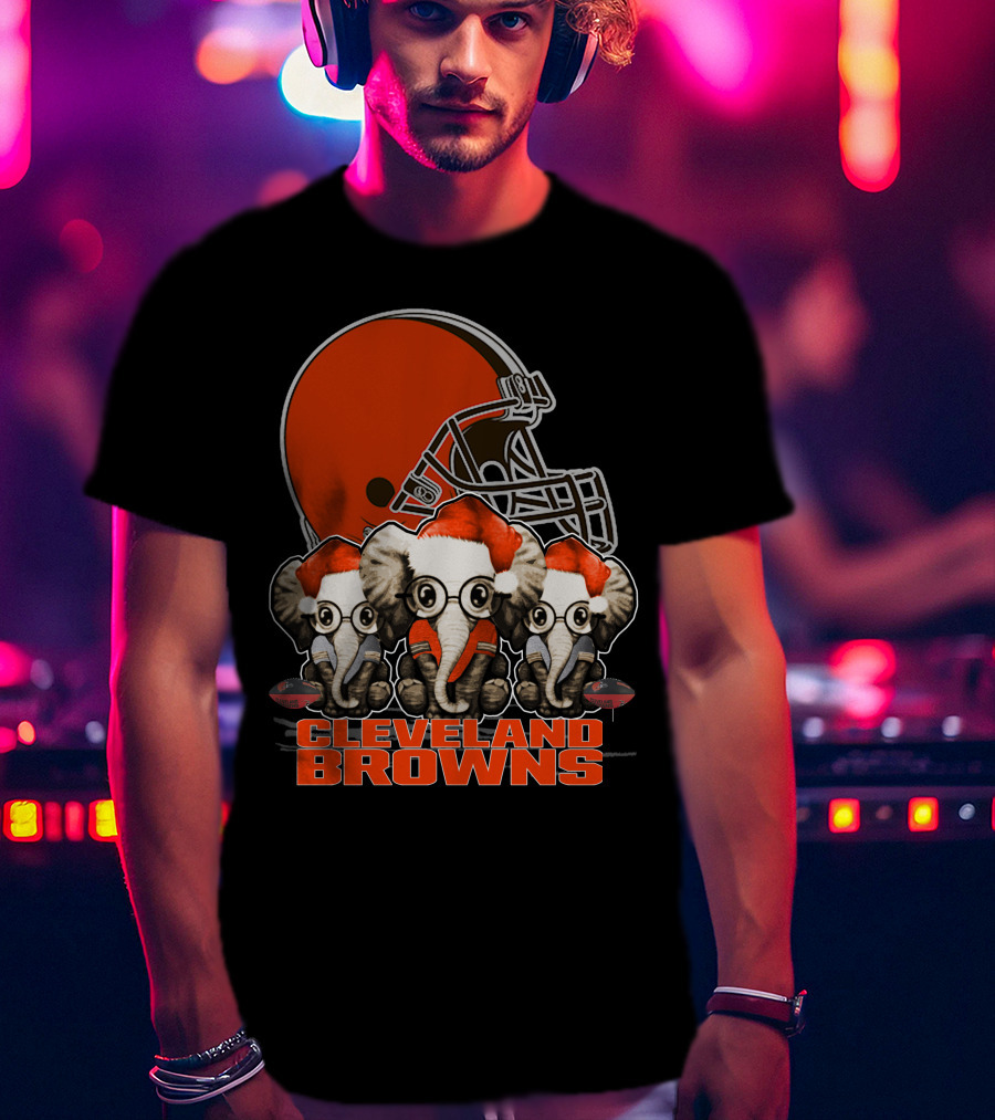 Cleveland Browns Christmas Elephants In Santa Hats Football Helmet T-Shirt