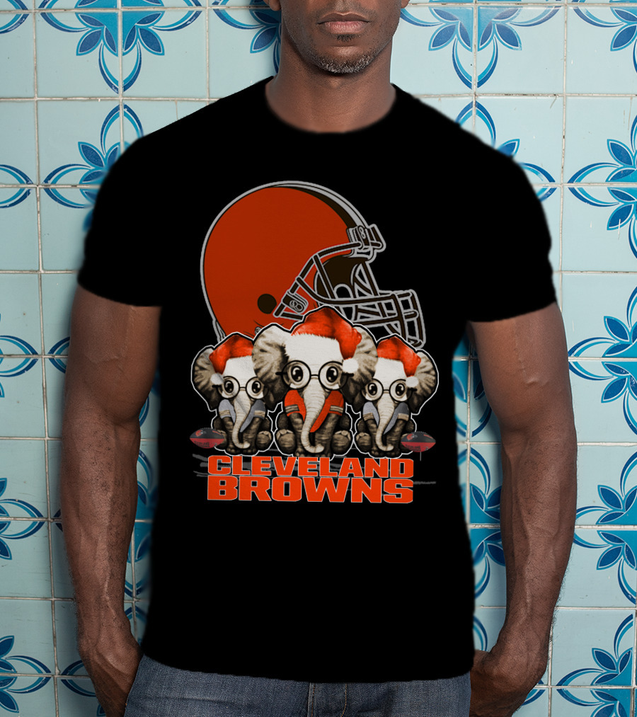 Cleveland Browns Christmas Elephants In Santa Hats Football Helmet T-Shirt