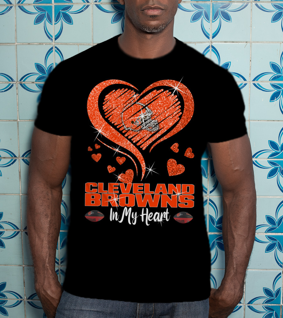CLEVELAND BROWNS Glitter Heart Football In My Heart T-Shirt