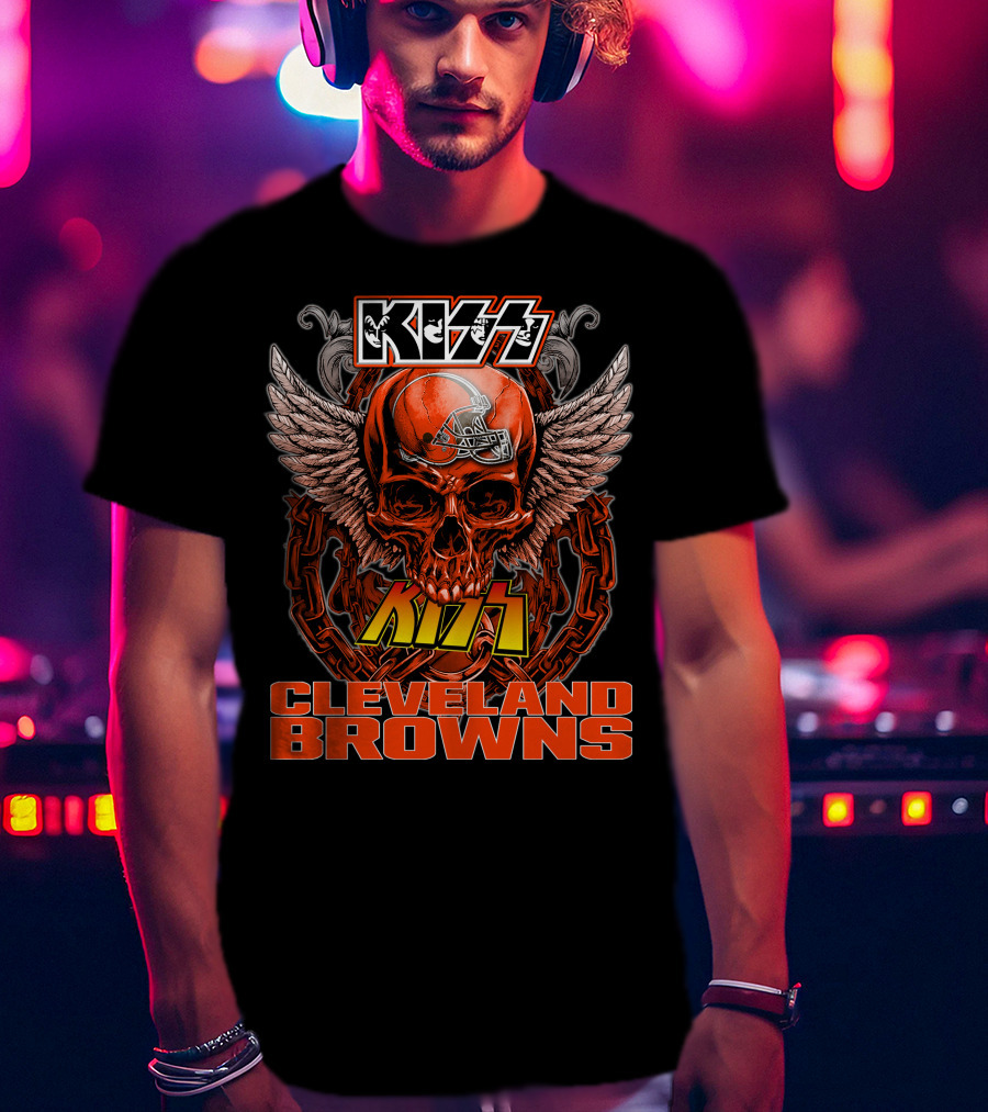 Kiss Cleveland Browns Skull Helmet Wings T-Shirt