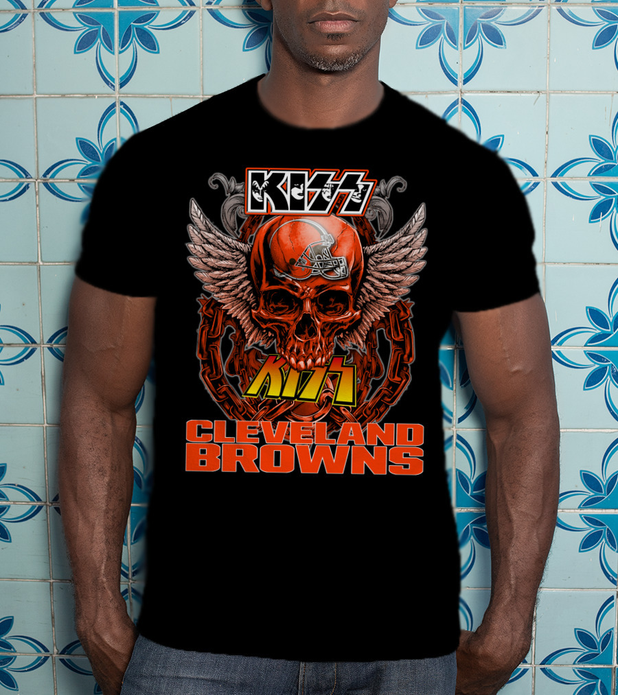 Kiss Cleveland Browns Skull Helmet Wings T-Shirt