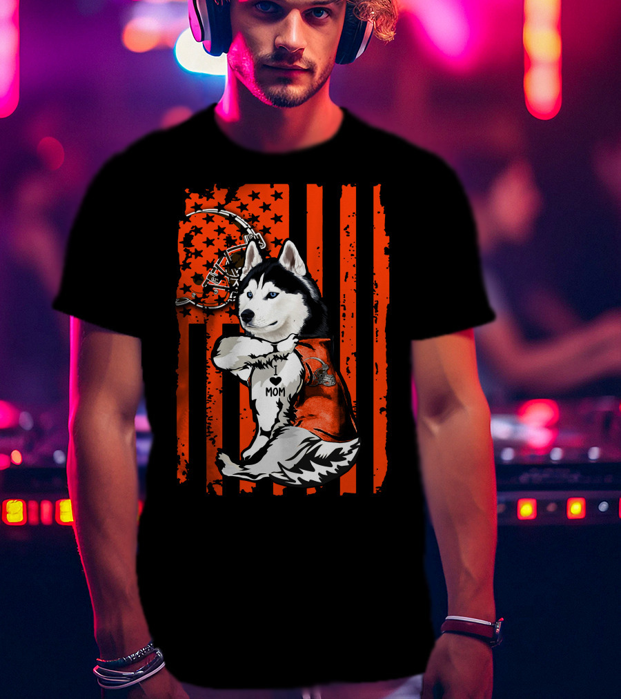Siberian Husky With Football Helmet And Orange Flag Cleveland Browns T-Shirt
