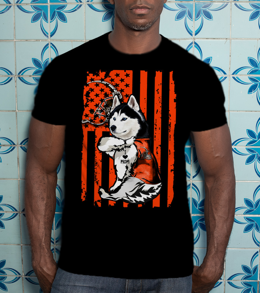 Siberian Husky With Football Helmet And Orange Flag Cleveland Browns T-Shirt