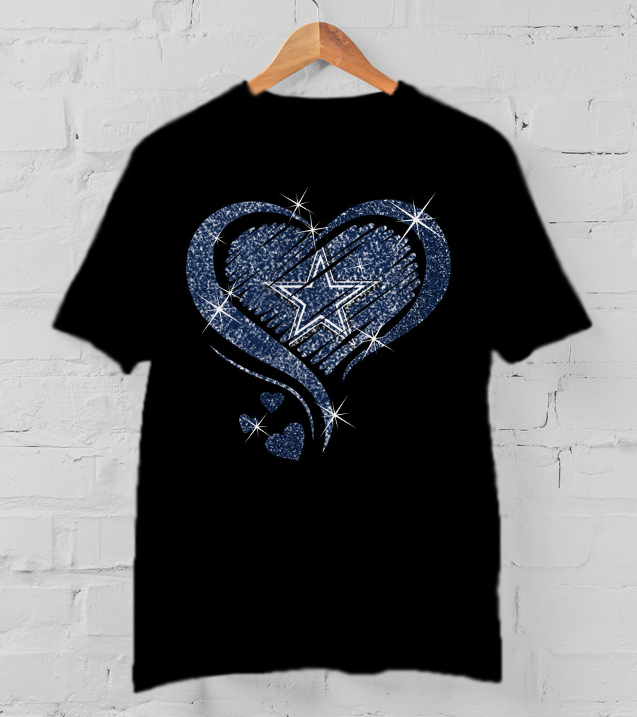 Heart Diamond Dallas Cowboys Sparkling Star And Blue Swirl T-Shirt