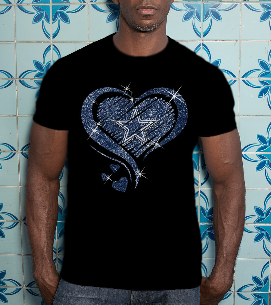 Heart Diamond Dallas Cowboys Sparkling Star And Blue Swirl T-Shirt