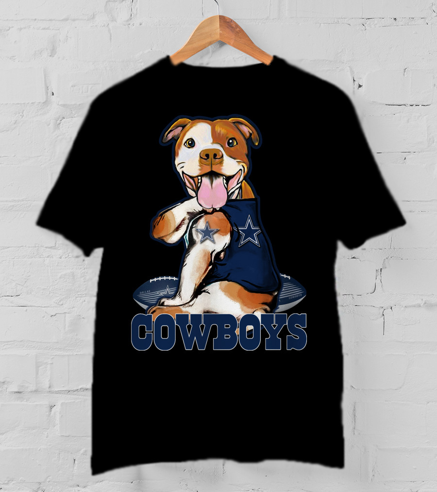 Pittbull Wearing Dallas Cowboys Jersey With Football And Star T-Shirt