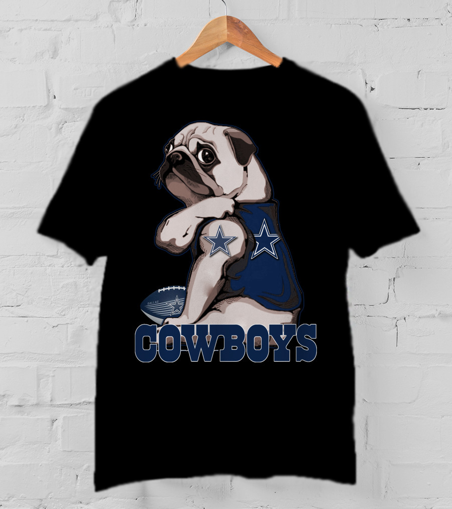 Pug Wearing Dallas Cowboys Jersey With Stars And Football T-Shirt