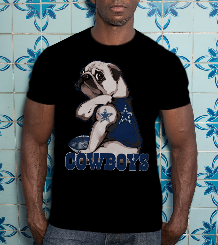 Pug Wearing Dallas Cowboys Jersey With Stars And Football T-Shirt