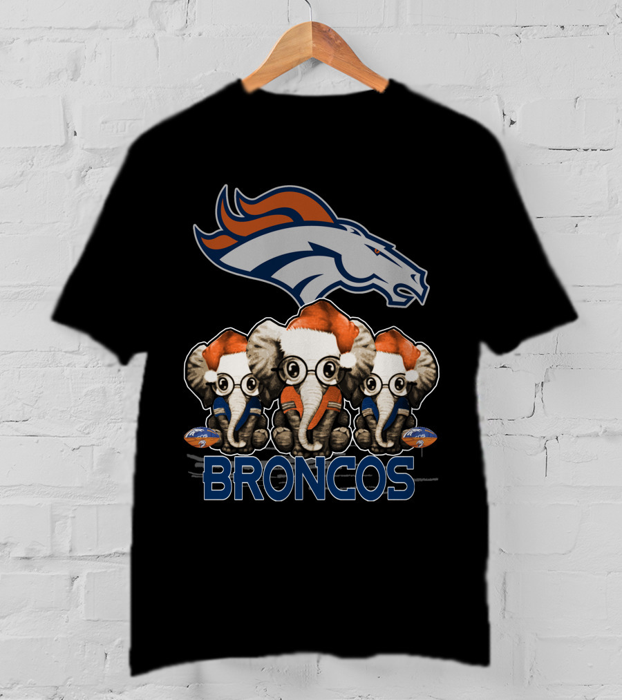DENVER BRONCOS Christmas Elephants With Santa Hats T-Shirt