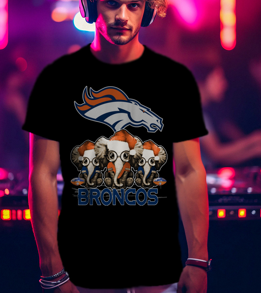 DENVER BRONCOS Christmas Elephants With Santa Hats T-Shirt
