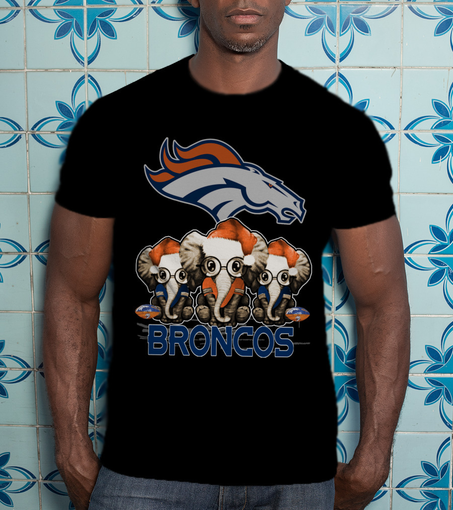 DENVER BRONCOS Christmas Elephants With Santa Hats T-Shirt