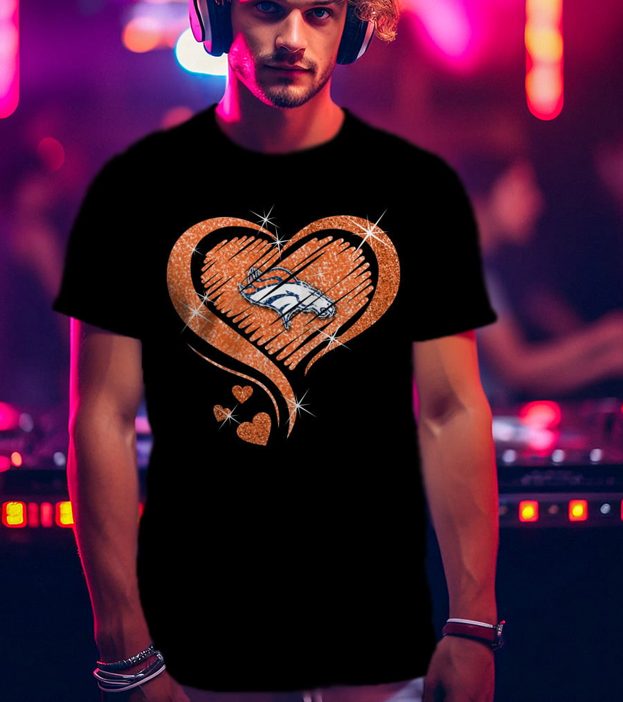 Heart Diamond Denver Broncos Sparkling Orange Emblem T-Shirt