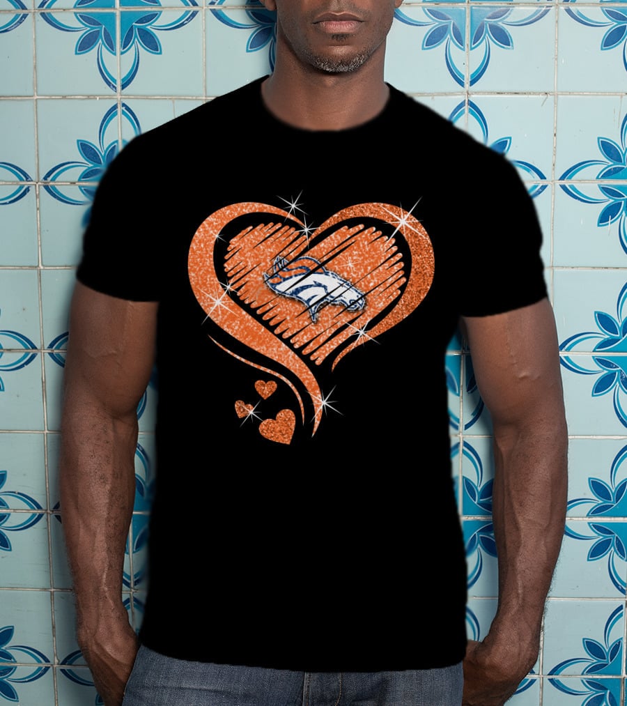 Heart Diamond Denver Broncos Sparkling Orange Emblem T-Shirt