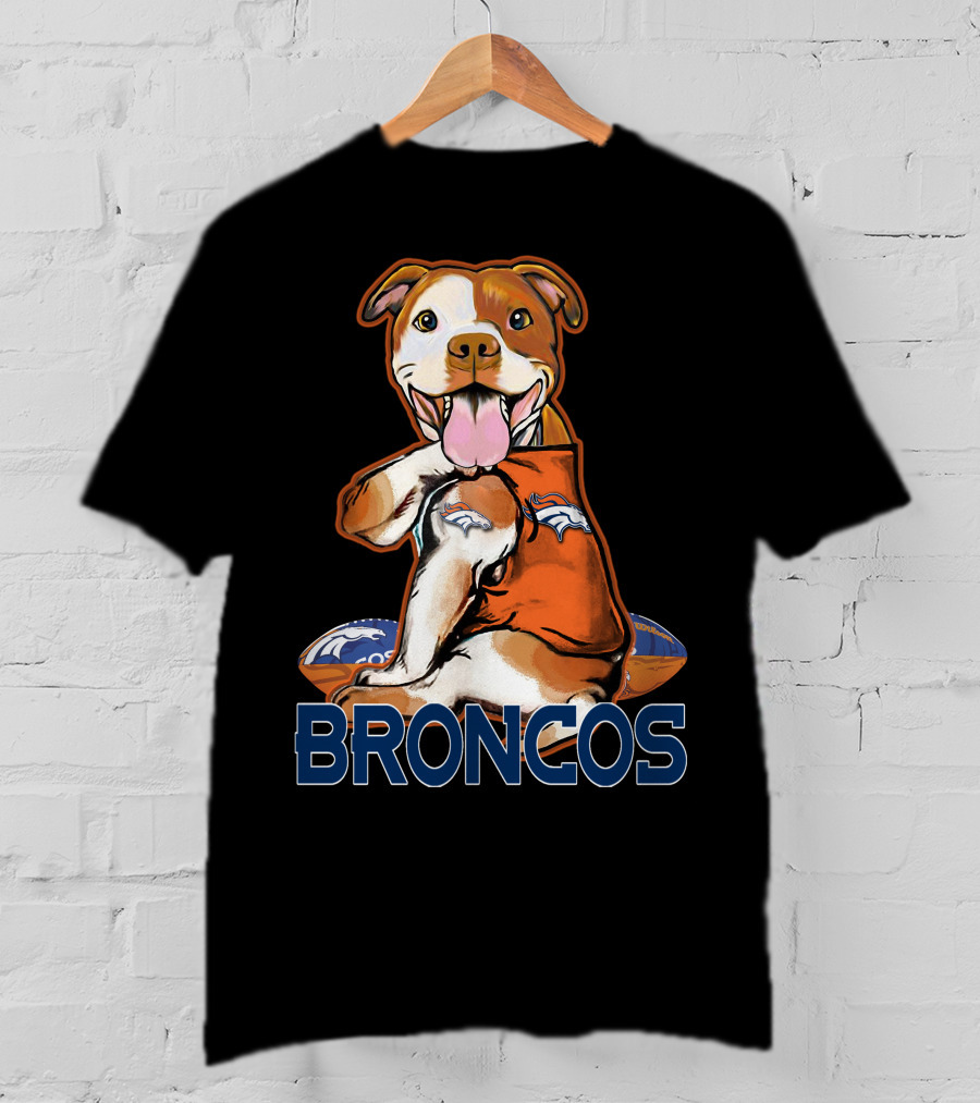 Pittbull Wearing Denver Broncos Jersey With Football And Broncos Text T-Shirt