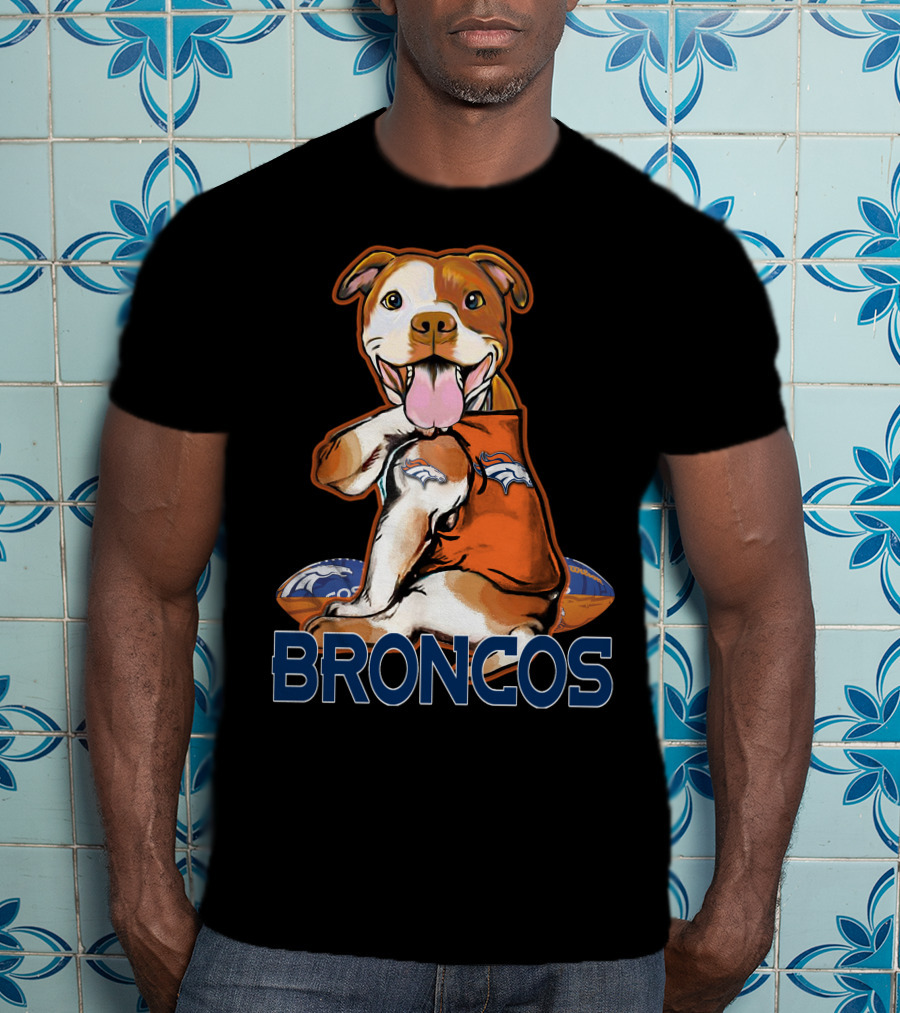 Pittbull Wearing Denver Broncos Jersey With Football And Broncos Text T-Shirt