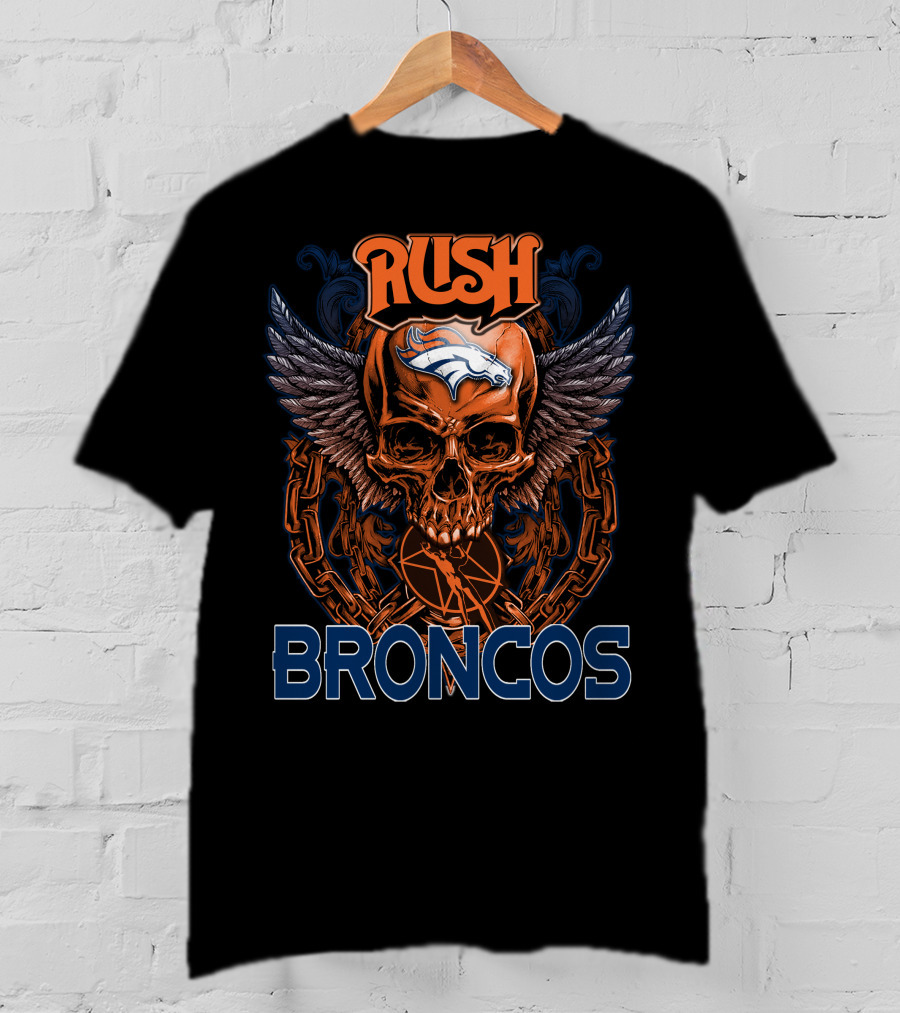 Rush Denver Broncos Skull Graphic With Wings And Chains T-Shirt