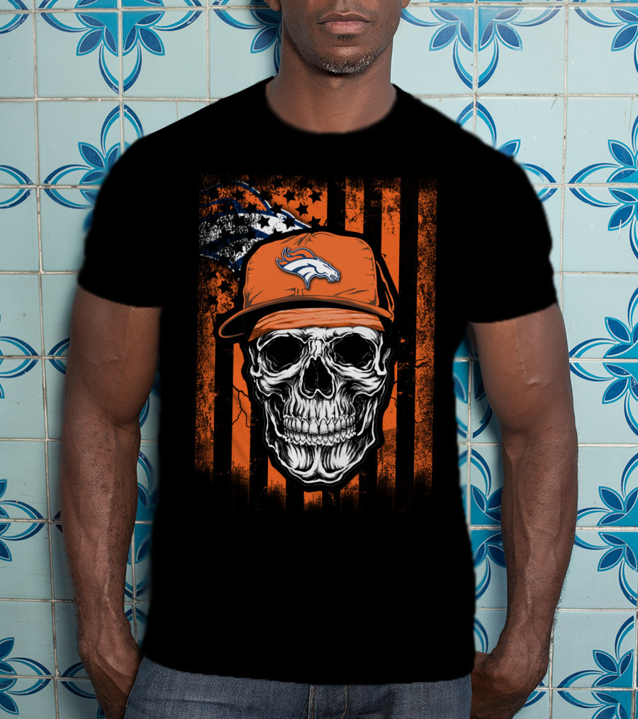 Skull Wearing Denver Broncos Cap On Grunge Orange Stripes T-Shirt
