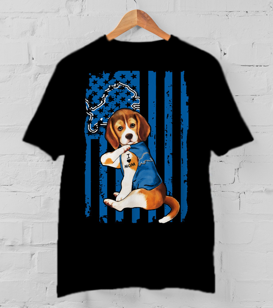 Beagle Detroit Lions I Love Mom Blue Stripes T-Shirt