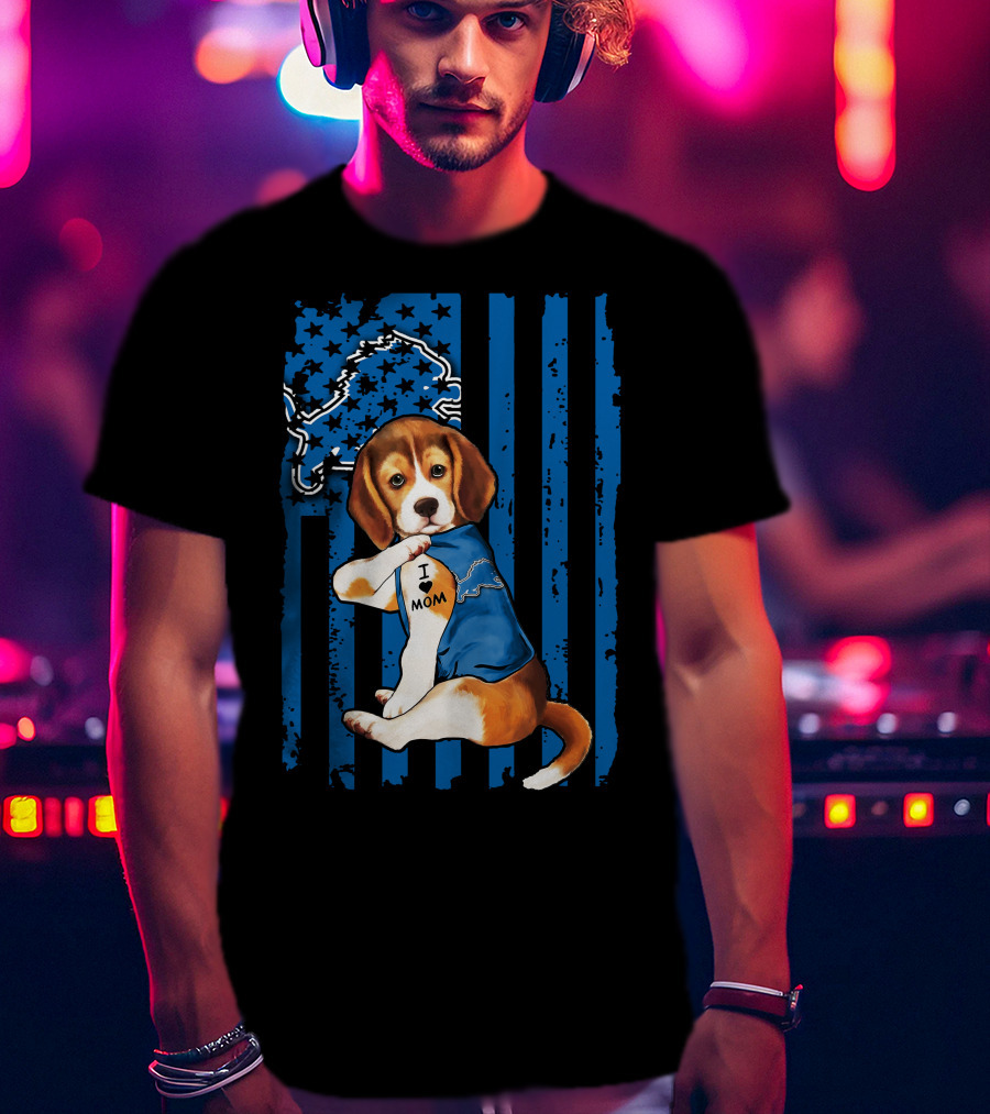 Beagle Detroit Lions I Love Mom Blue Stripes T-Shirt