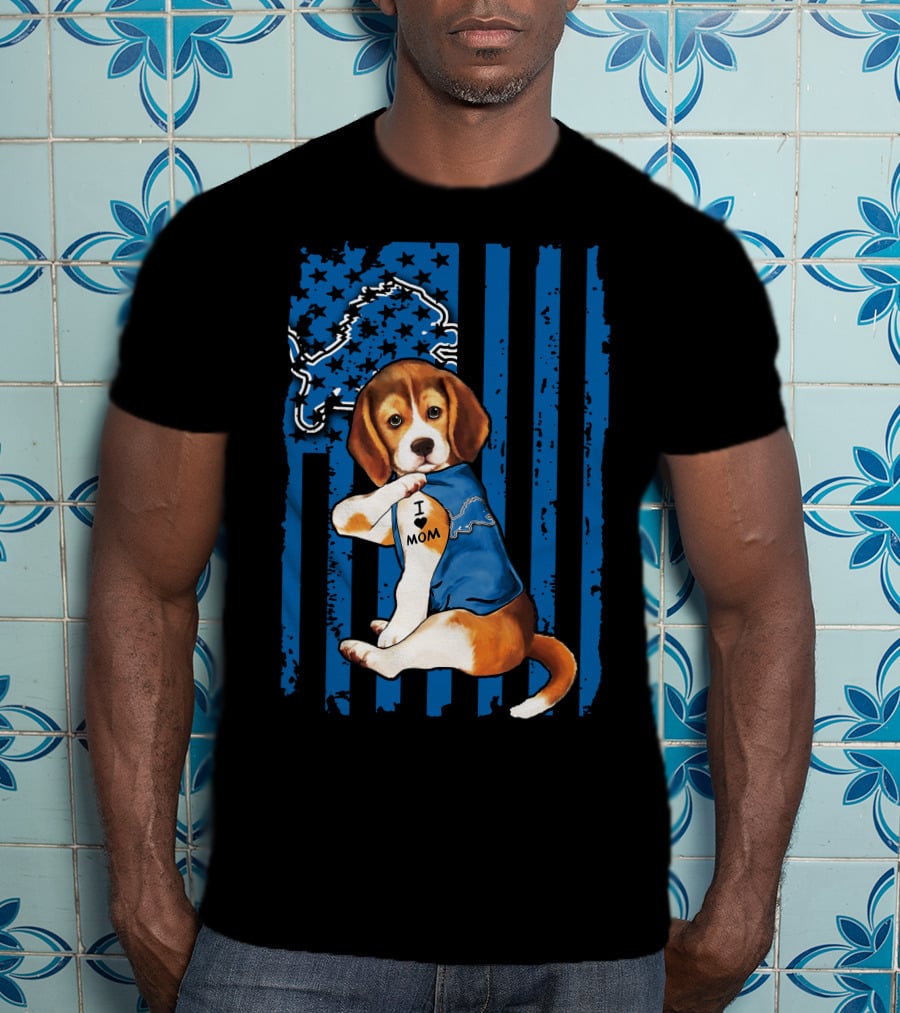 Beagle Detroit Lions I Love Mom Blue Stripes T-Shirt