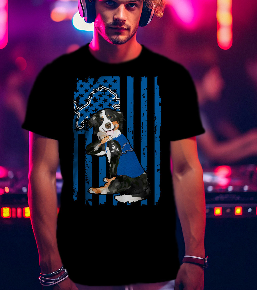 Border Collie I Love Mom Detroit Lions Flag T-Shirt