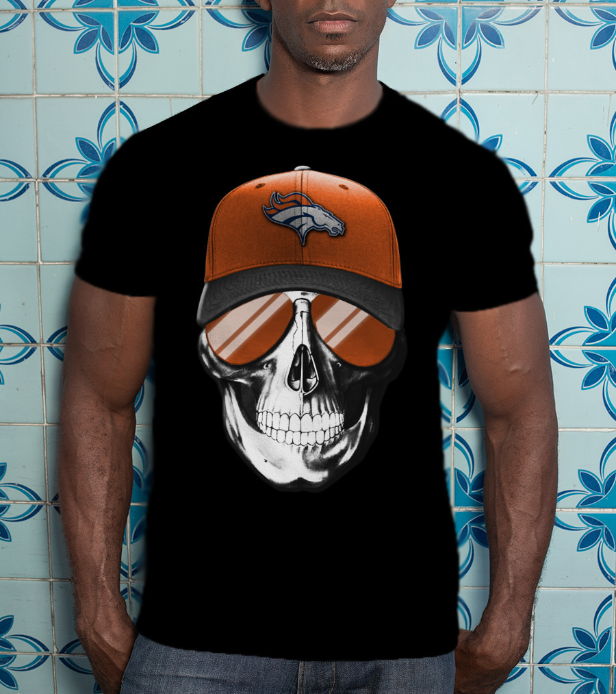 Skull Wearing Denver Broncos Hat And Sunglasses T-Shirt