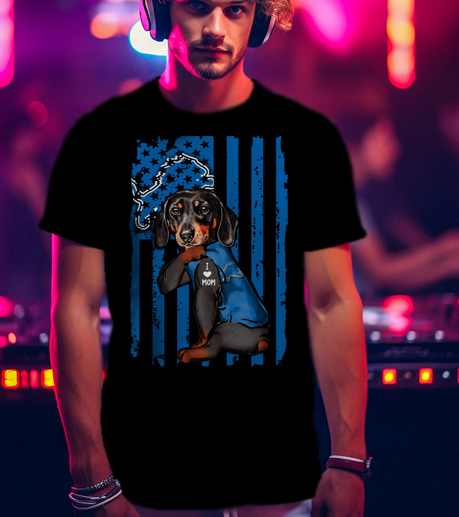 Dachshund I Love Mom Detroit Lions Fan T-Shirt