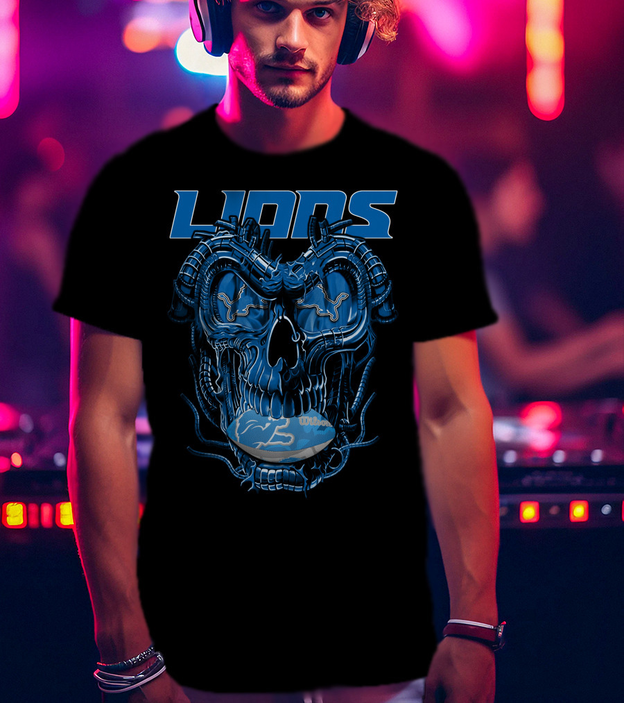 Dragonskull Lions With Detroit Football Helmet And Wilson Blue Embellishments T-Shirt