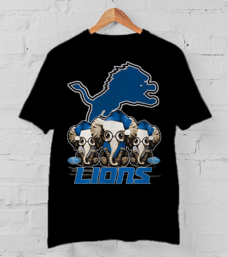 Detroit Lions Christmas Elephants With Santa Hats T-Shirt