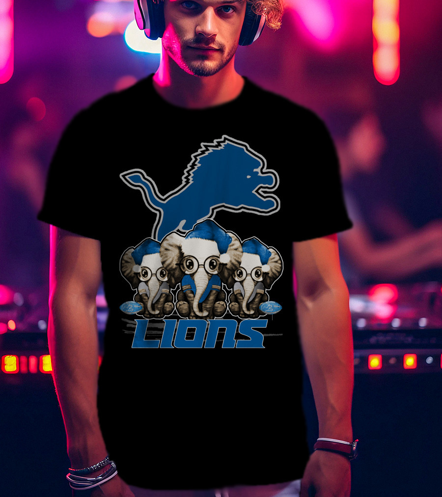 Detroit Lions Christmas Elephants With Santa Hats T-Shirt