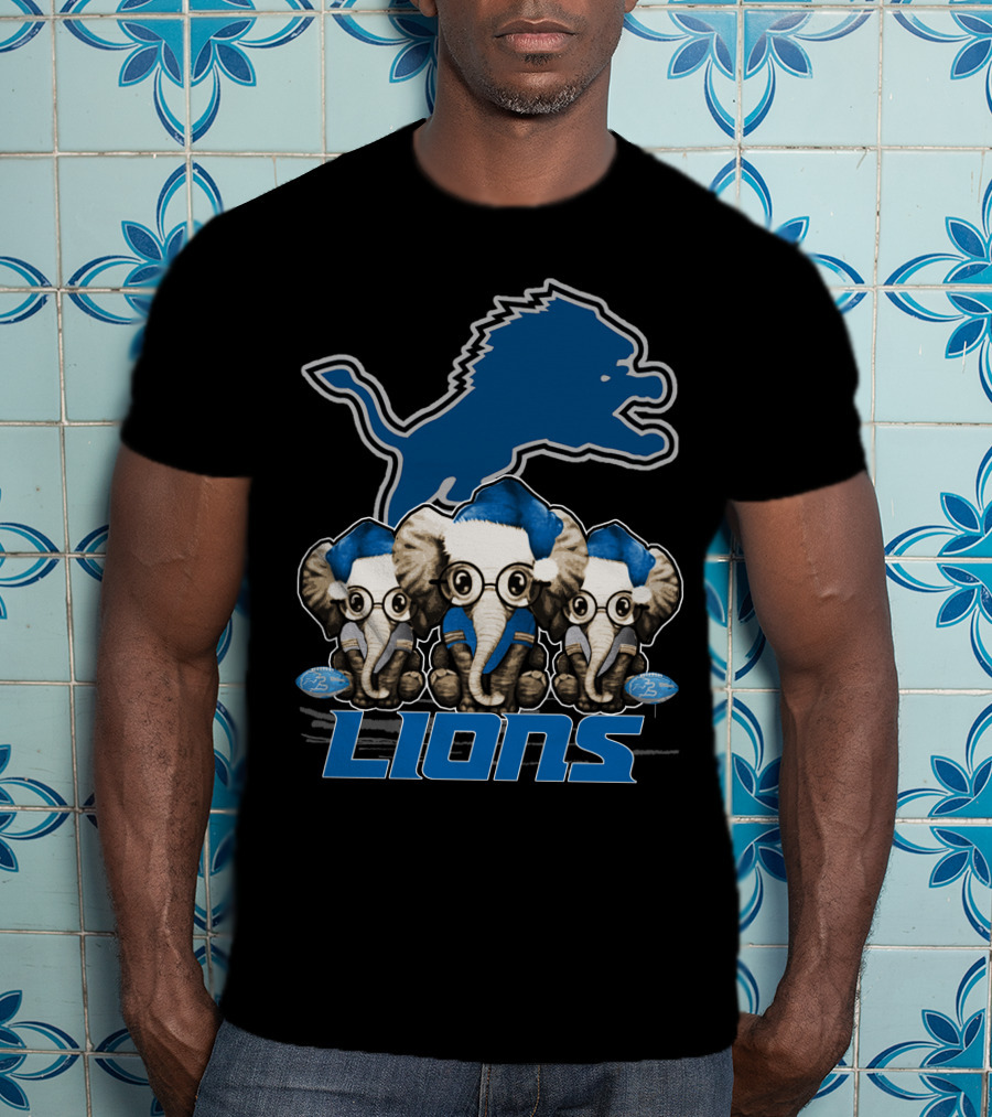 Detroit Lions Christmas Elephants With Santa Hats T-Shirt