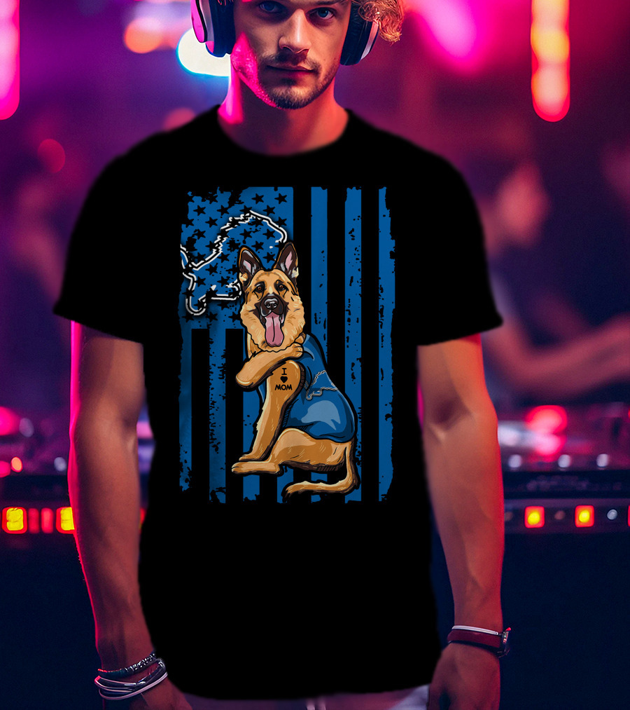 German Shepherd Wearing Detroit Lions Blue With Flag And Lion T-Shirt