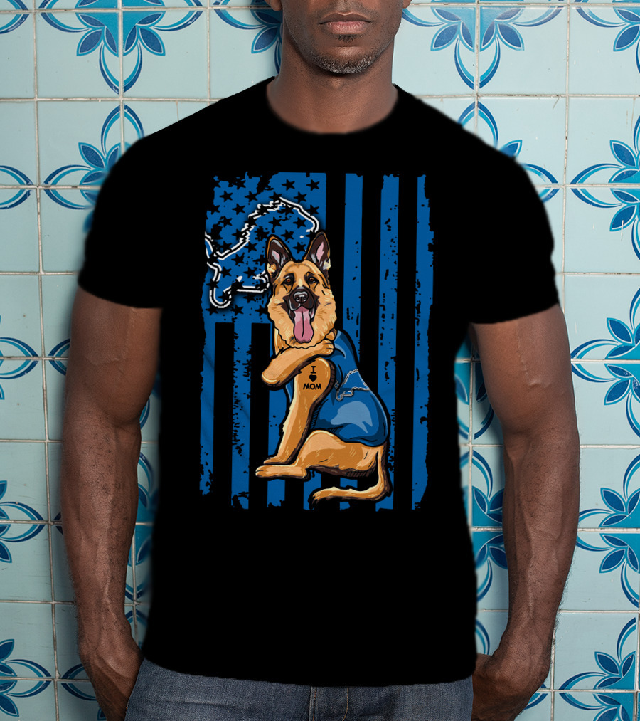 German Shepherd Wearing Detroit Lions Blue With Flag And Lion T-Shirt