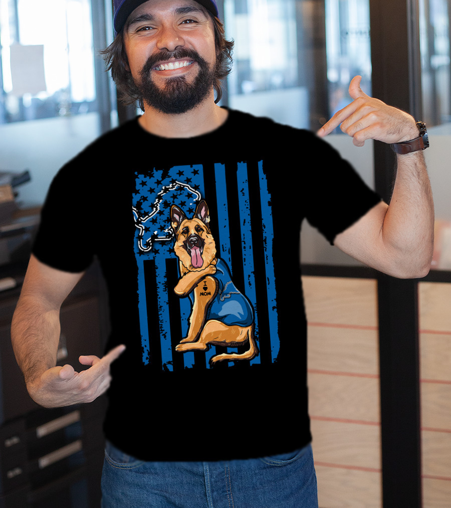 German Shepherd Wearing Detroit Lions Blue With Flag And Lion T-Shirt