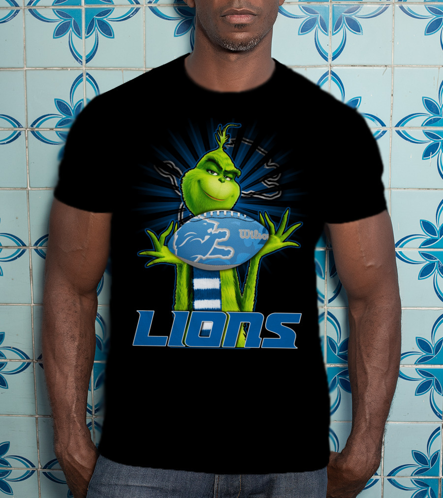 Grinch Holding Detroit Lions Wilson Football T-Shirt