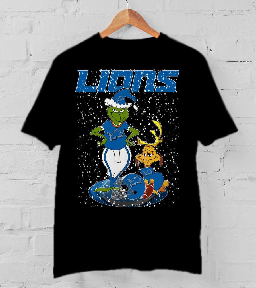 Grinchxmas Detroit Lions Snowy Holiday Characters With Blue Helmets T-Shirt