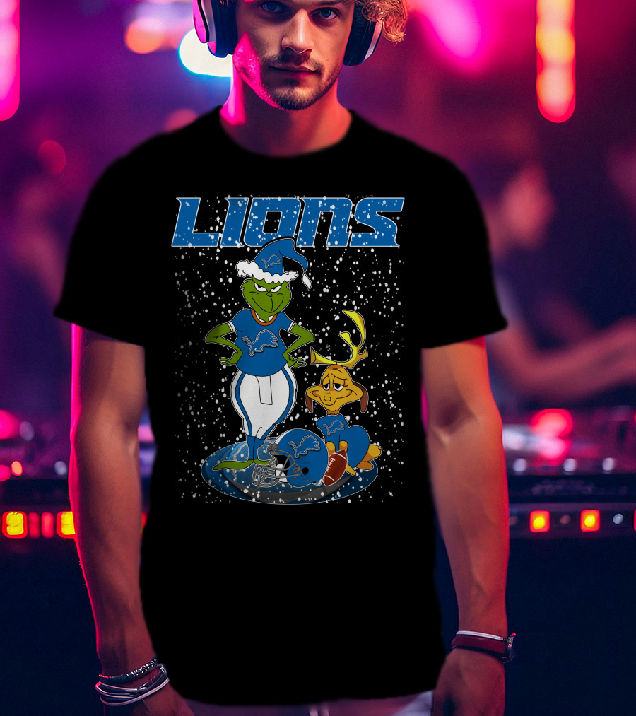 Grinchxmas Detroit Lions Snowy Holiday Characters With Blue Helmets T-Shirt