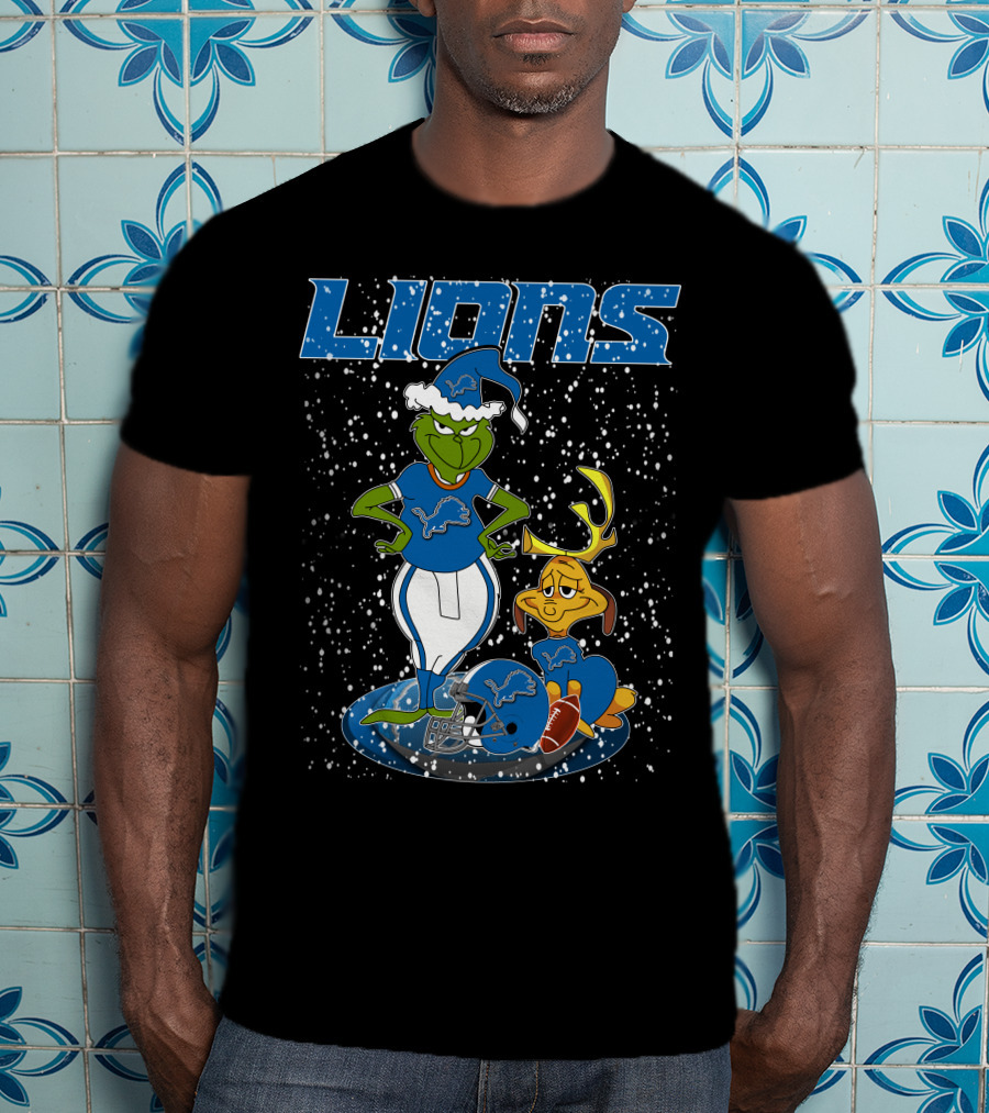 Grinchxmas Detroit Lions Snowy Holiday Characters With Blue Helmets T-Shirt