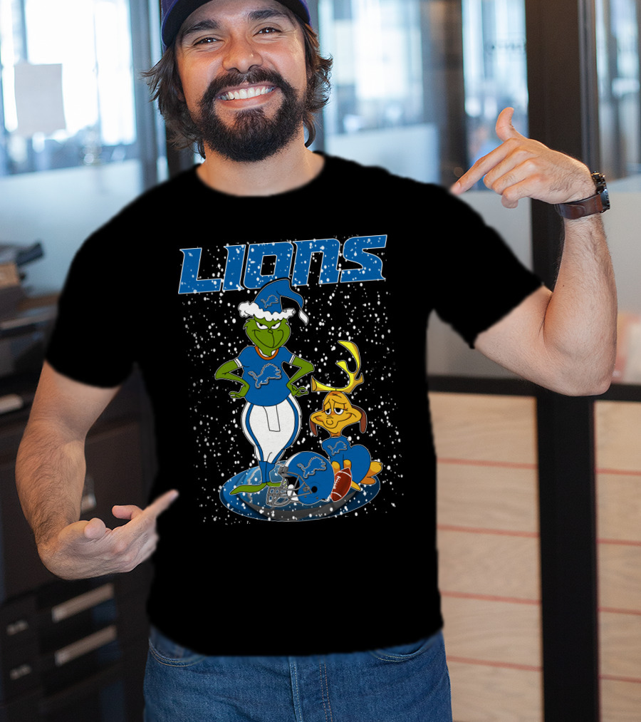 Grinchxmas Detroit Lions Snowy Holiday Characters With Blue Helmets T-Shirt