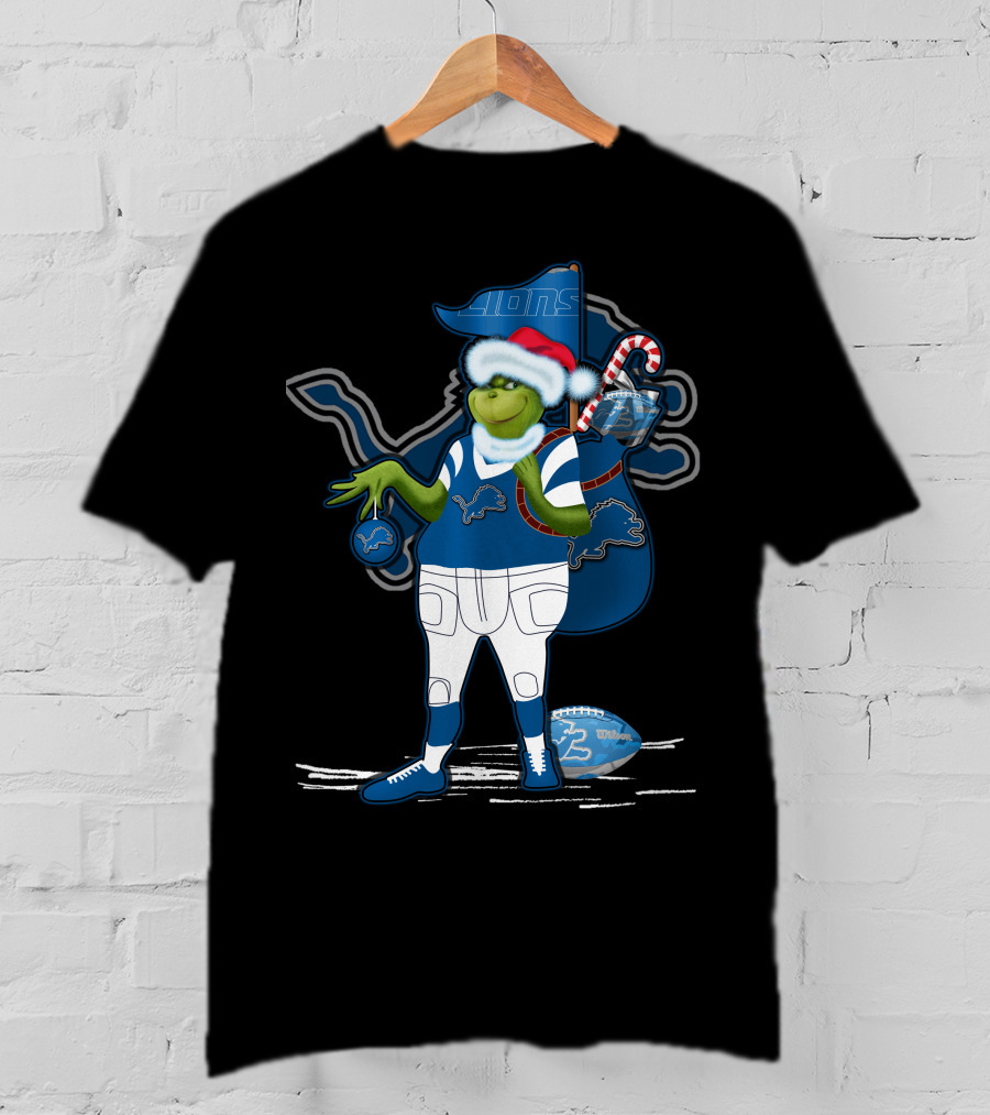 Grinchxmas Detroit Lions Santa Hat Candy Cane Football Sack T-Shirt