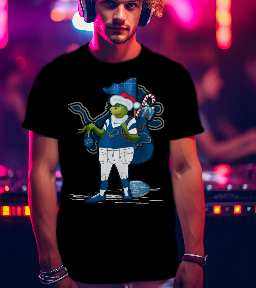 Grinchxmas Detroit Lions Santa Hat Candy Cane Football Sack T-Shirt