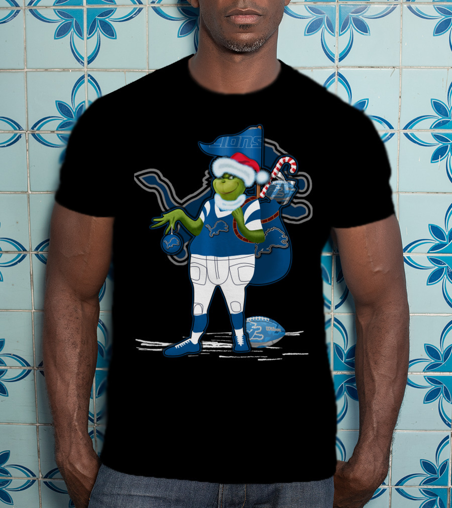 Grinchxmas Detroit Lions Santa Hat Candy Cane Football Sack T-Shirt