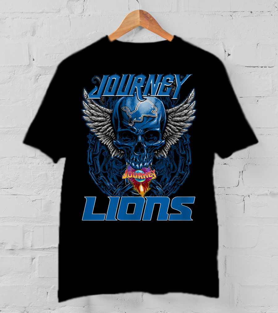 JOURNEY DETROIT LIONS Skull With Wings And Flames T-Shirt