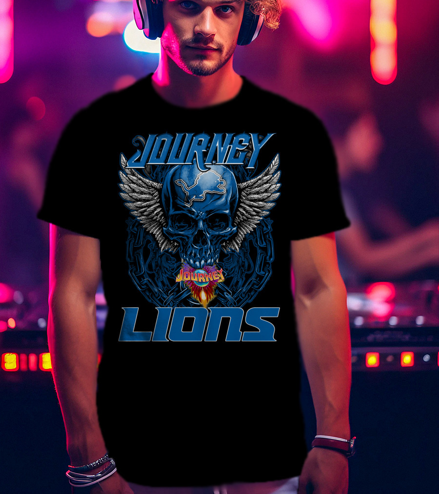 JOURNEY DETROIT LIONS Skull With Wings And Flames T-Shirt