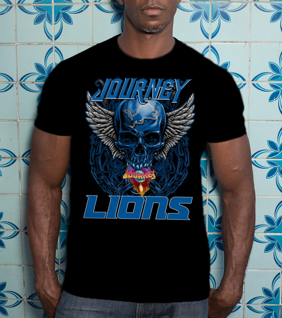 JOURNEY DETROIT LIONS Skull With Wings And Flames T-Shirt