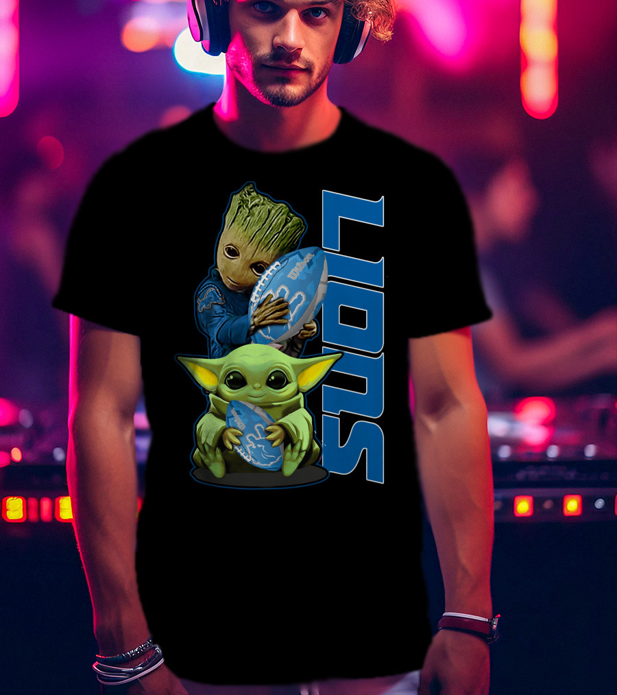Grzd DETROIT LIONS Baby Groot And Baby Yoda With Football T-Shirt